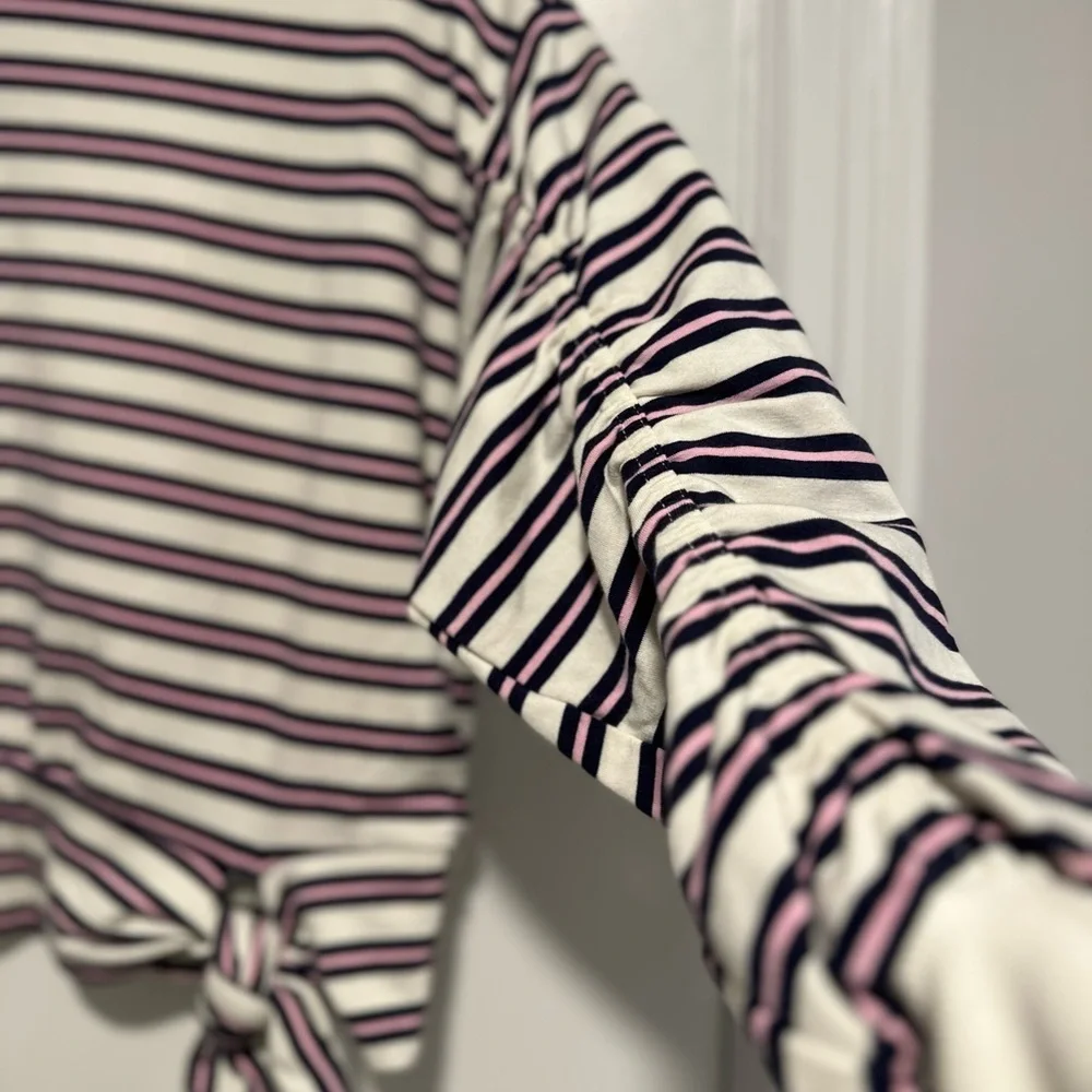 NWOT Kensie Womens Sz:S striped tie-waist ruched sleeve Pullover sweatshirt.